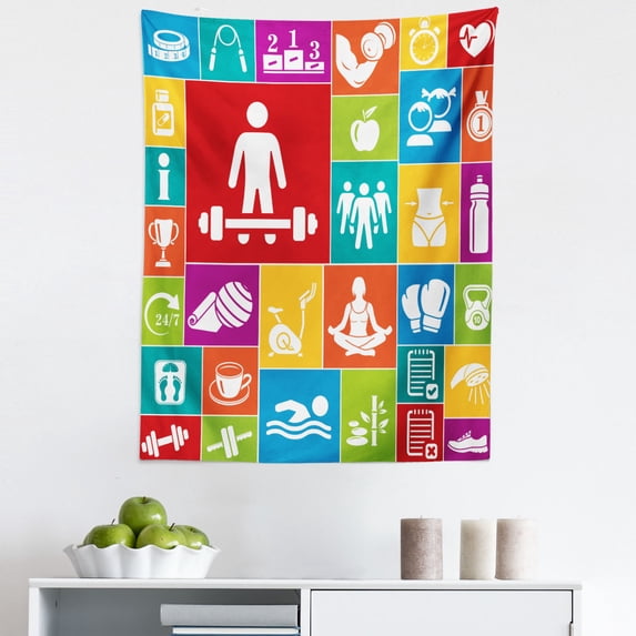 Fitness Tapestry, Different Colorful Fitness Healthy Lifestyle Motivation Activity Weight Loss, Fabric Wall Hanging Decor for Bedroom Living Room Dorm, 5 Sizes, Multicolor, by Ambesonne