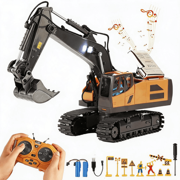 Petbank Remote Control Excavator Toys, 680° Rotation Hydraulic Car Toys with Metal Shovel, Lights & Sounds, Rechargeable 11 Channel RC Construction Vehicles, RC Truck Digger gift for Kids Aged 4-12
