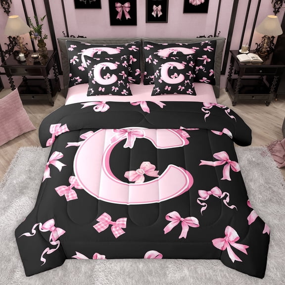 Feelyou Kawaii Monogrammed C Twin Bedding Sets 7-Piece for Teen, Black Pink Bow-tie Bedding Comforter Set, Cartoon Princess Bow Reversible Sheet Sets, Super Cozy Room Decor