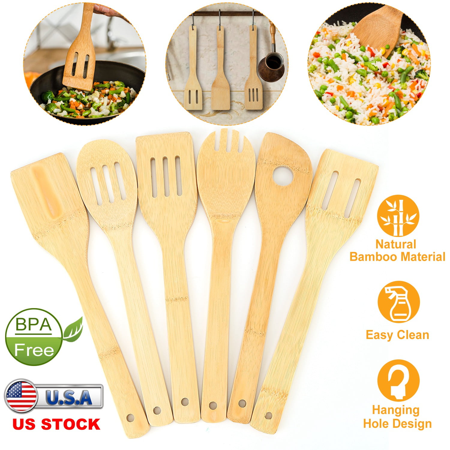 iMounTEK 6Pcs Cooking Utensil Bamboo Wooden Spoons Spatula Kitchen