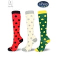 thumbnail image 4 of Gustave 3 Pairs Graduated Knee High Compression Socks for Men Women Polka Dot Print Athletic Circulation Support Stocking for Running, Cycling, Travel, Flight "Green & Red & Beige, S/M", 4 of 5
