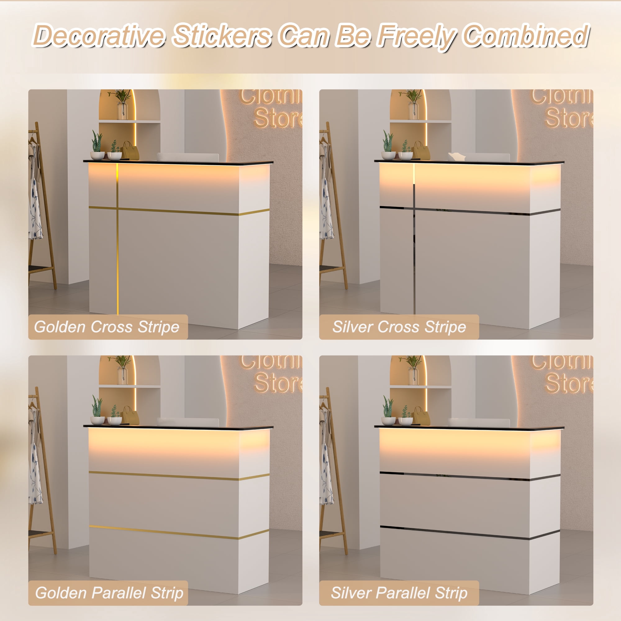 HARIPUL 50-inch Reception Desk with Counter, Front Desk Office Desk with Storage Shelves & LED Lights, White