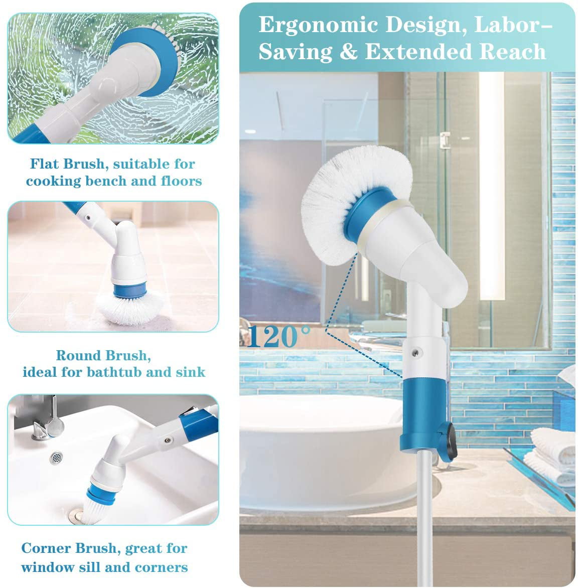 Wall 1 Extension Arm and Adapter for Bathroom Tub Spin Scrubber 360 Cordless Tub and Tile Scrubber Tile Multi-Purpose Power Surface Cleaner with 3 Replaceable Cleaning Scrubber Brush Heads