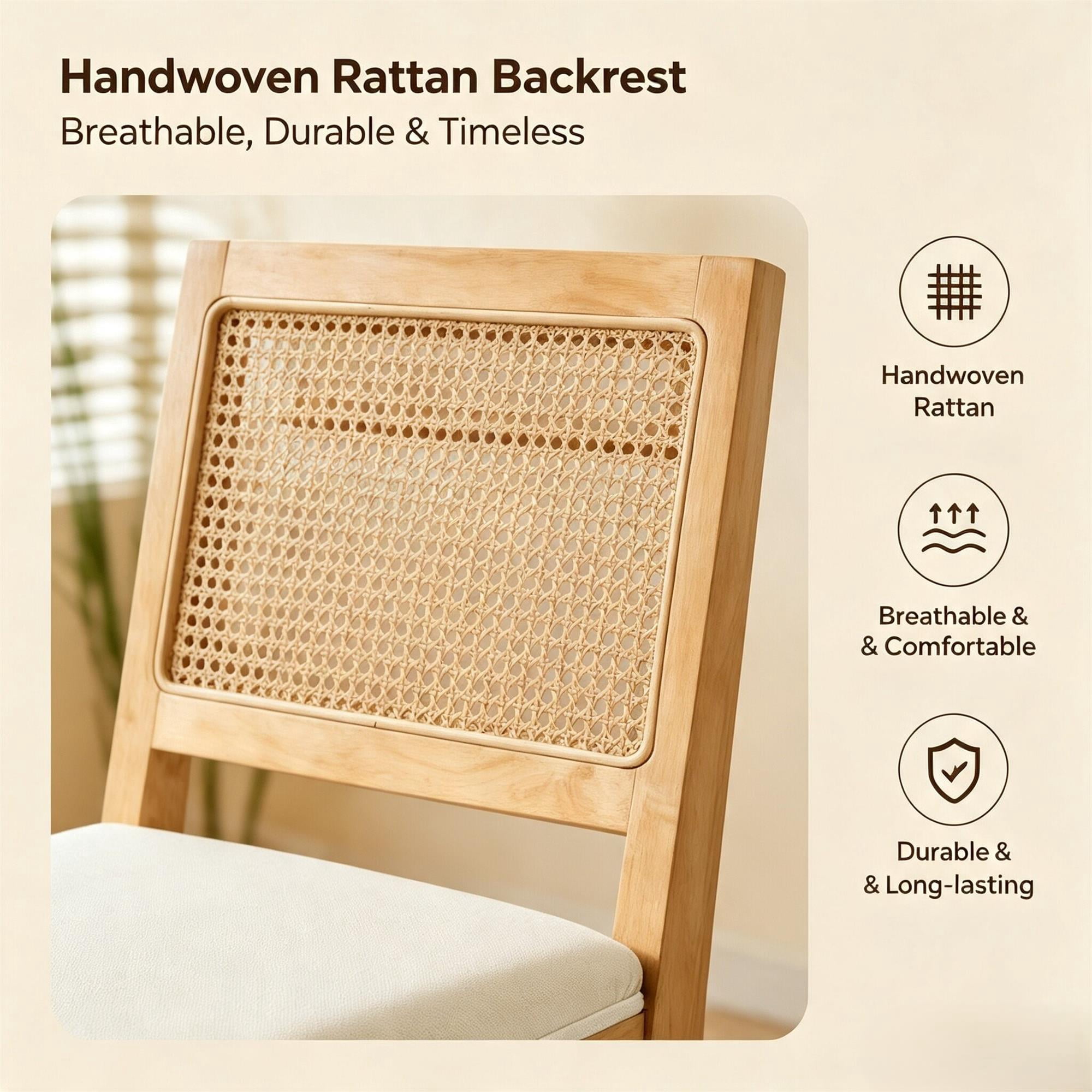 HOQBN Set of 2 Farmhouse Dining Chairs, Linen Upholstered Kitchen Chairs with Rattan Cane Inset Square Backrest for Kitchen Dining Home Office Commercial Use Beige