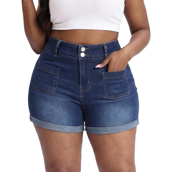 Gocolloa Women Plus Size Jean Shorts Stretchy 3.5" Sexy Trendy Patch Pocket High Waisted Denim Shorts Dark Blue 24W