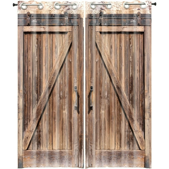 2Pcs Rustic Wood Barn Door Curtain Breathable Vintage Farmhouse Art Printed Blackout Curtain Privacy Protect Window Darkening Curtain Washable Window Drape 23.62×59.06inch for Office