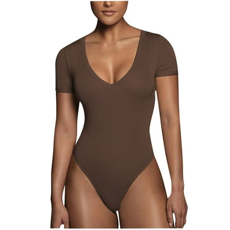 

Body Shaper for Women Tummy Control Shapewear Short Sleeve Deep V Neck Thong Bodysuit One Piece Jumpsuit Tops