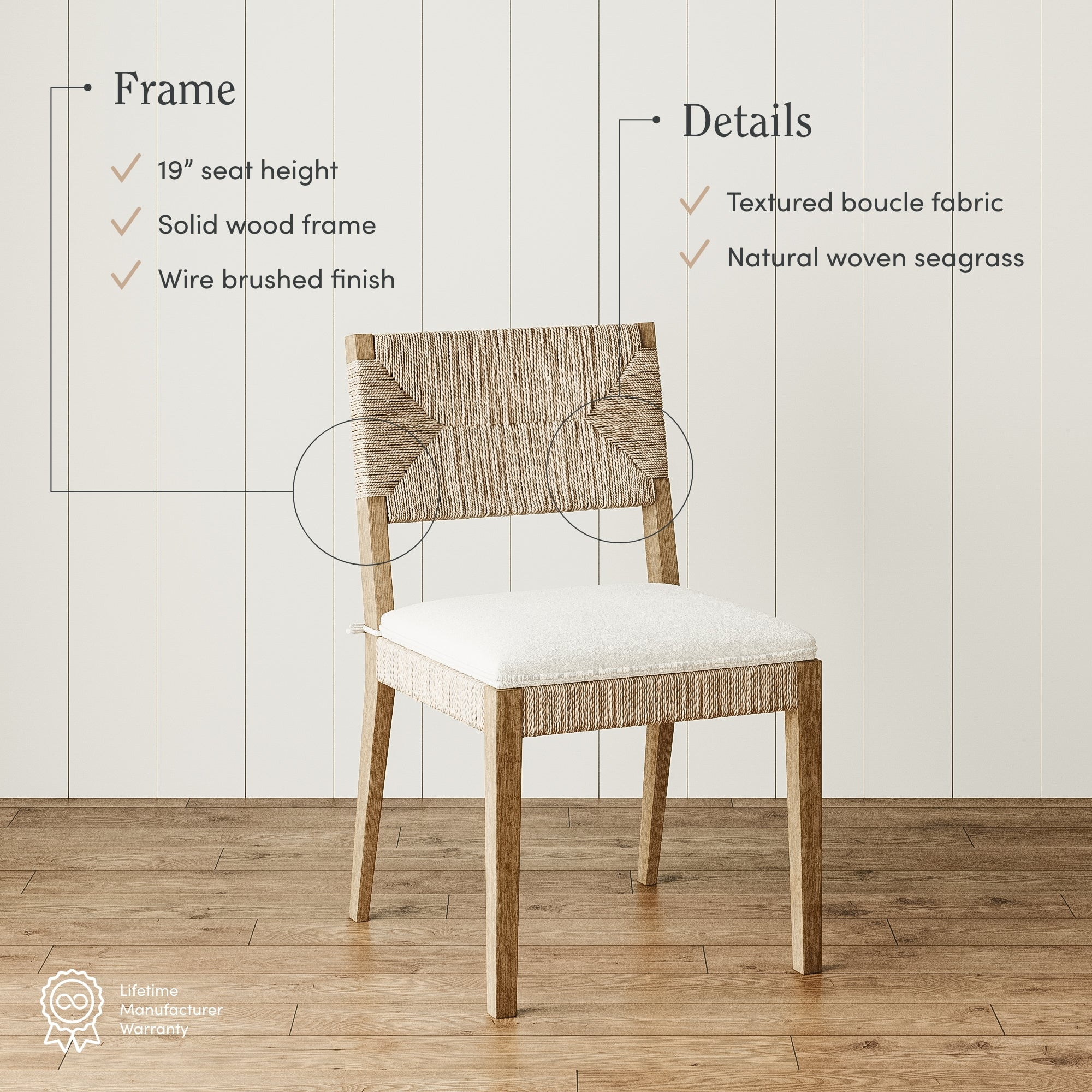 Nathan James Beacon Boho Dining Chair, Boucle Dining Chair with Seagrass Accent and Solid Wood Legs, Cream Boucle/Light Brown