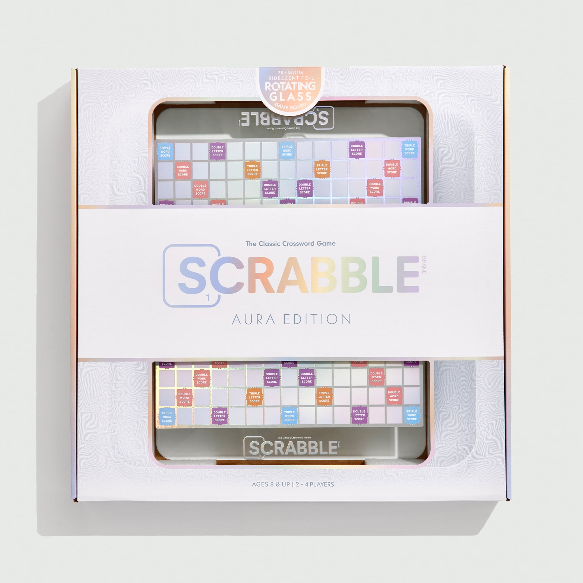 WS Game Company Scrabble Aura Edition – Iridescent Rotating Tempered Glass Game Board, Metallic-Printed Letter Tiles, Luxe Tile Racks & Organizer Tray – Family Word Game for Ages 8+, 2–4 Players