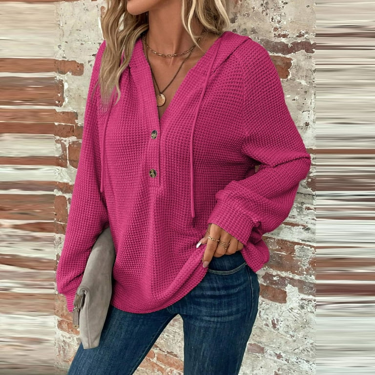 UoCefik Waffle Knit Long Sleeve Shirt Women Hooded V Neck Hoodies