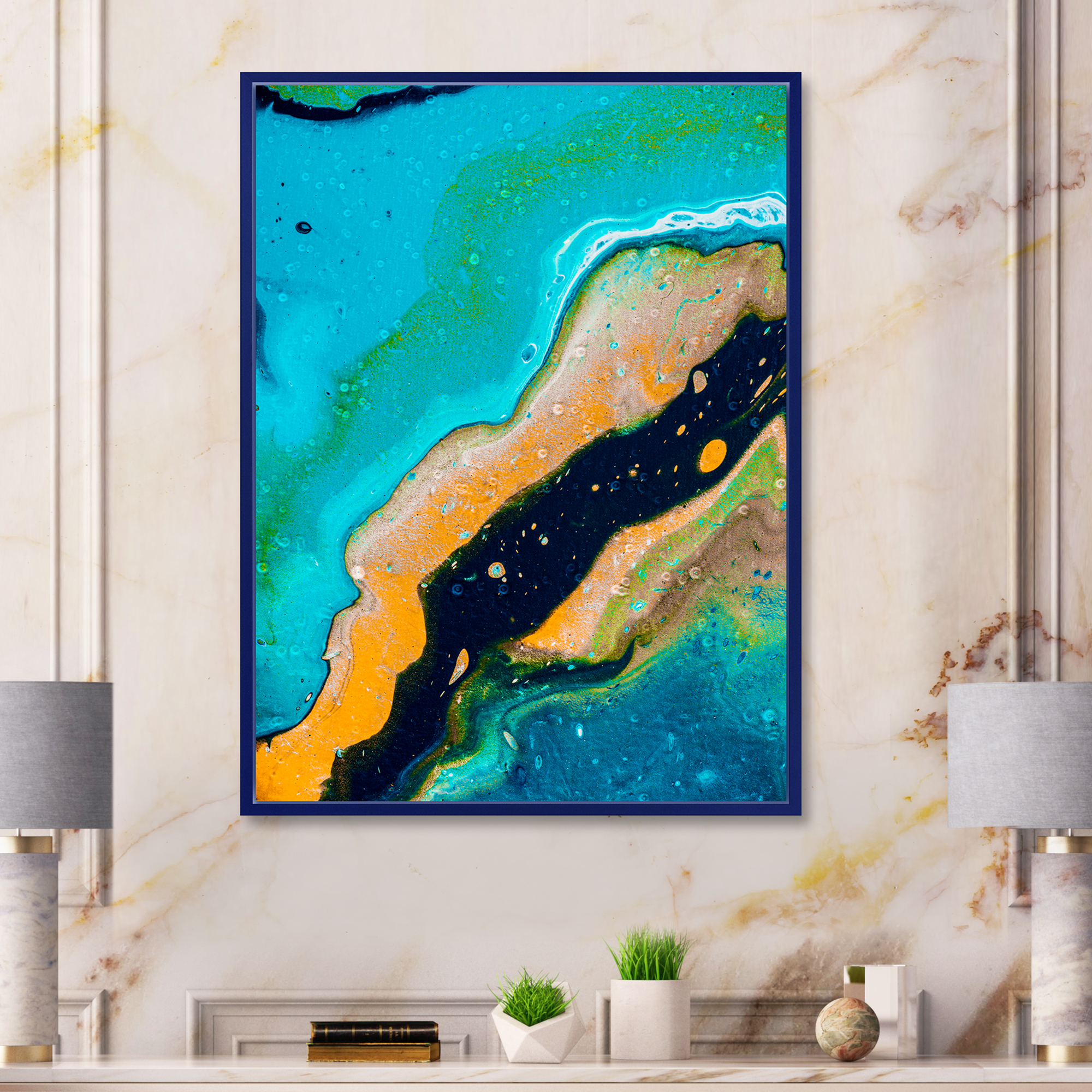 Designart 'Abstract Marble Composition In Orange and Blue II' Modern Framed Canvas Wall Art Print