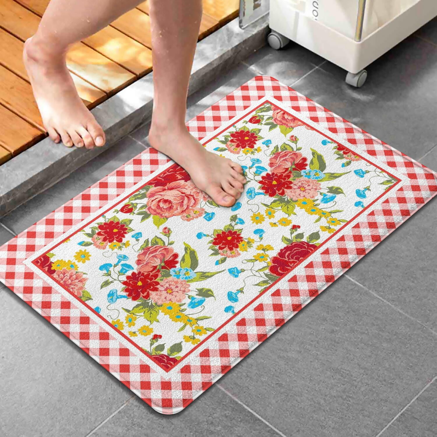 Flower Design Bath Mat Soft Rug Rubber Non Slip Quick Dry Pioneer Flower Woman Super Absorbent Thin Bathroom Rugs Shower Bathtub Shower Room Sink 20x32 Inch