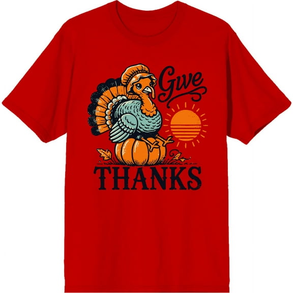 Give Thanks Turkey Sitting On Pumpkin Men's Red Crew Neck Short Sleeve Tee-Medium