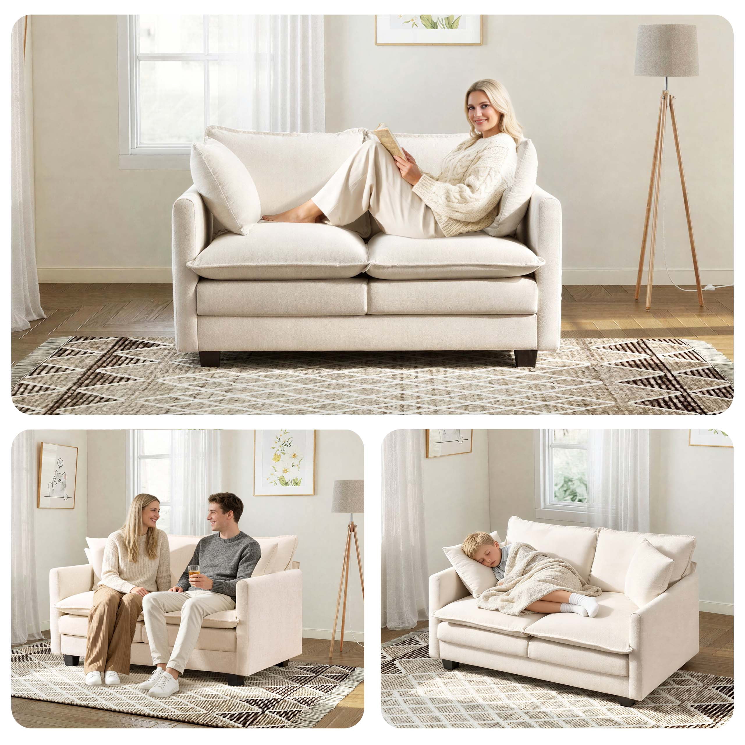 Dioepic Cloud-Comfort Deep Seat Chenille 2-Seat Small Spaces Loveseat Sofa 50” with 2 Pillows, Beige