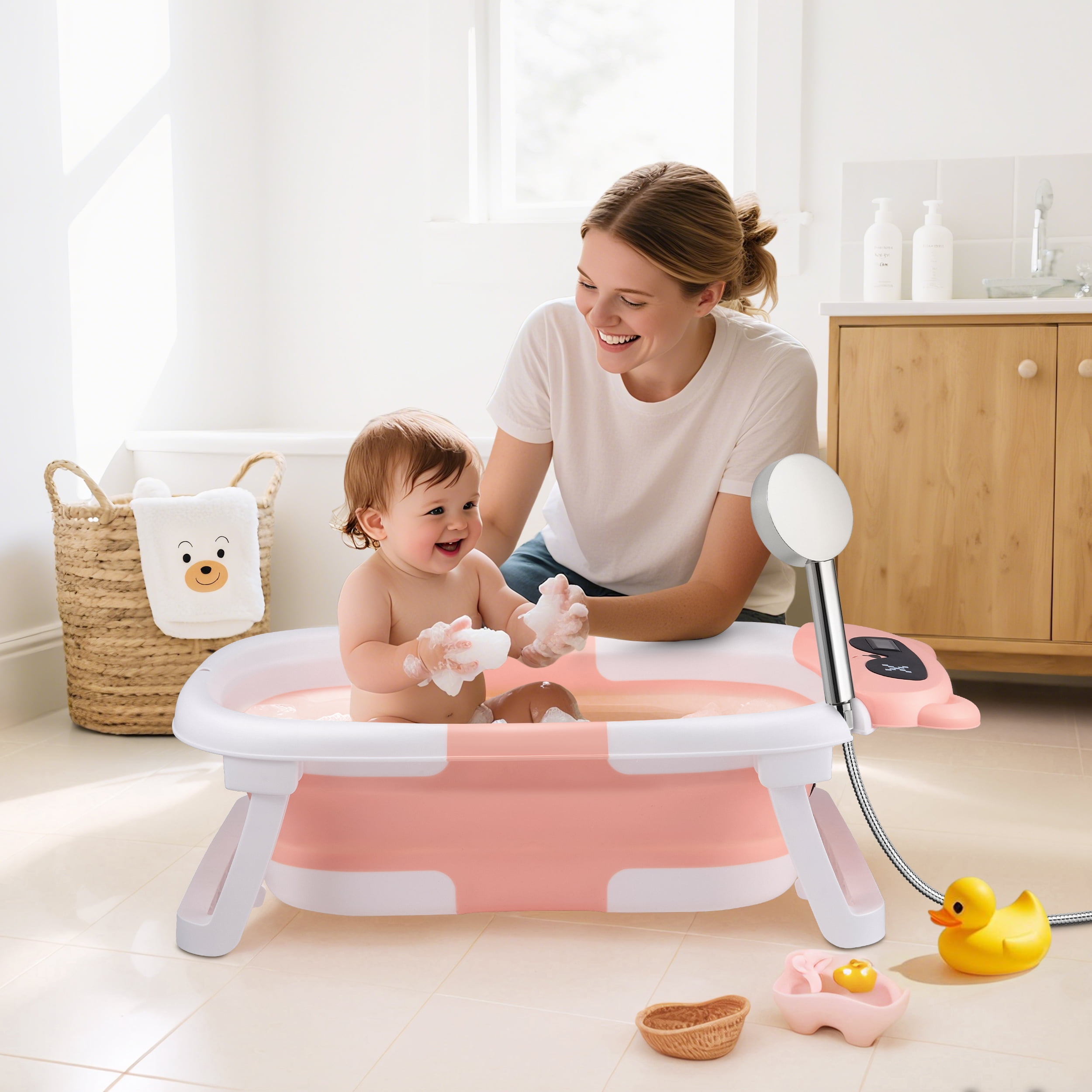 Doulami Baby Bathtub for Infants Collapsible Baby Tubs for Newborns with Cushion and Thermometer, 0-36 Month(Pink)
