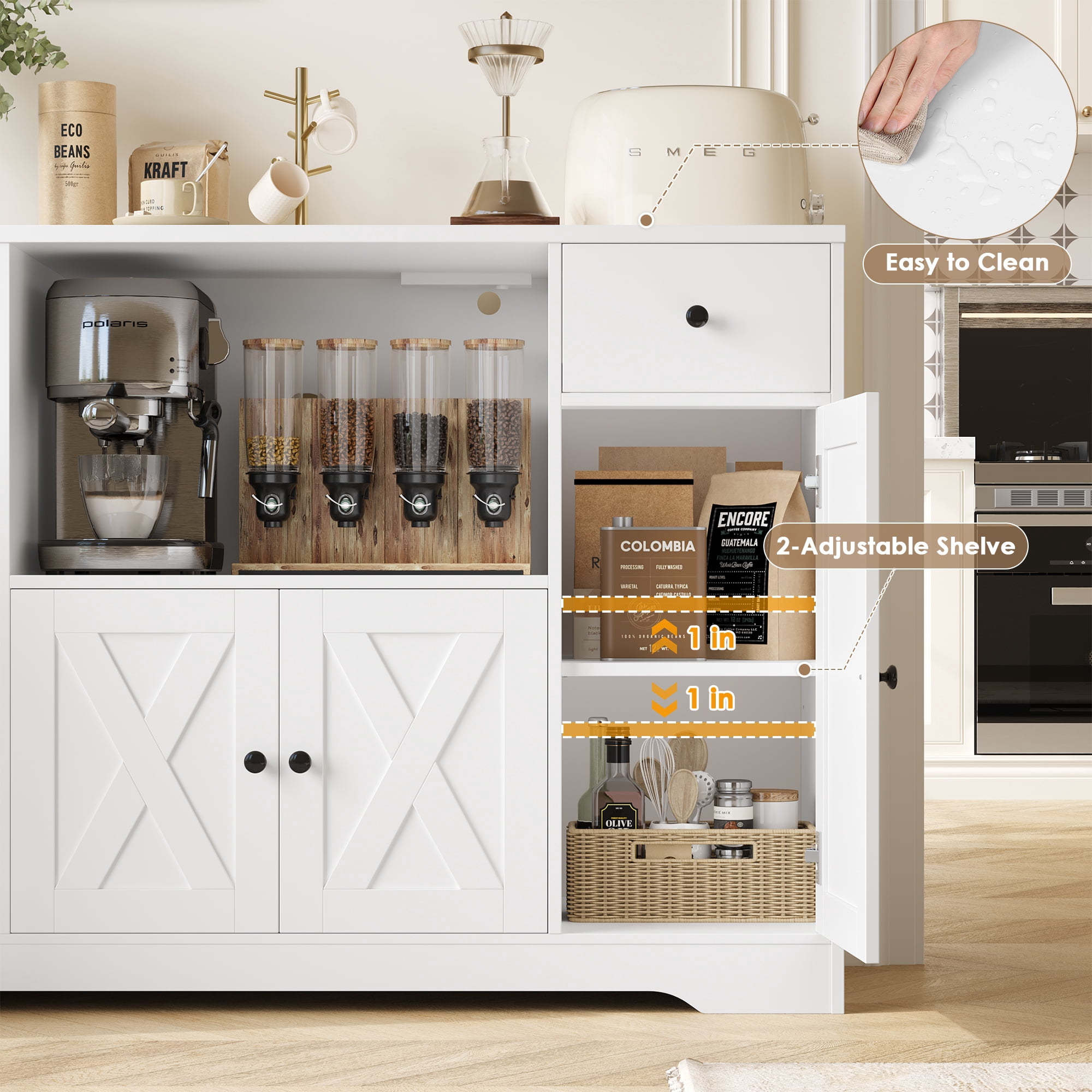 Homfa Kitchen Buffet Cabinet with Microwave Shelf, 47" W Sideboard with Charging Station, Microwave Coffee Buffet for Kitchen Dining Room, White