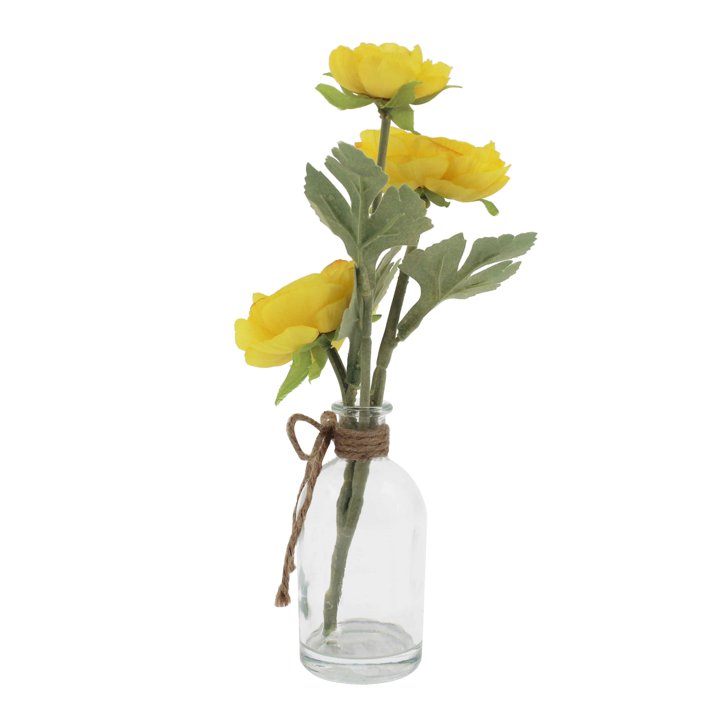 Mainstays 11.5 in Artificial Silk Yellow Flower in Clear Glass Bottle