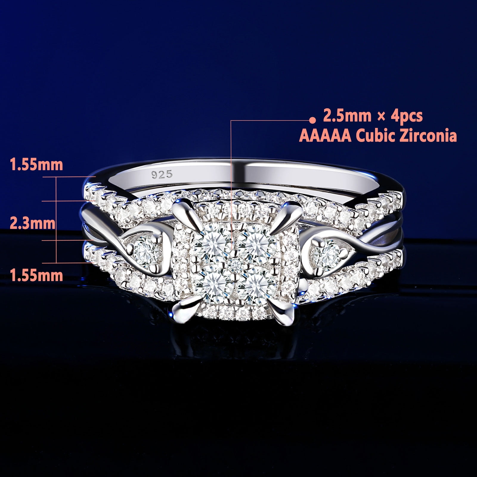 SHELOVES 3Pcs Round White Cubic Zirconia Princess Halo Wedding Ring Set Solid Sterling Silver Vintage Style Size 8