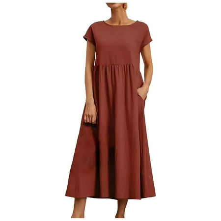 Fsqjgq Summer Dress Corset Dress Vestidos Casual Solid Sleeveless Cotton Linen Dress with Pockets Loose Fit Crewneck Midi Plus Size Vacation Party Dress Women s Smocked Tiered Midi Dress XL
