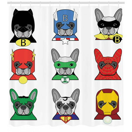 Superhero Shower Curtain, Bulldog Superheroes Fun Cartoon Puppies in Disguise Costume Dogs with Masks Print, Fabric Bathroom Set with Hooks, Multicolor, by Ambesonne