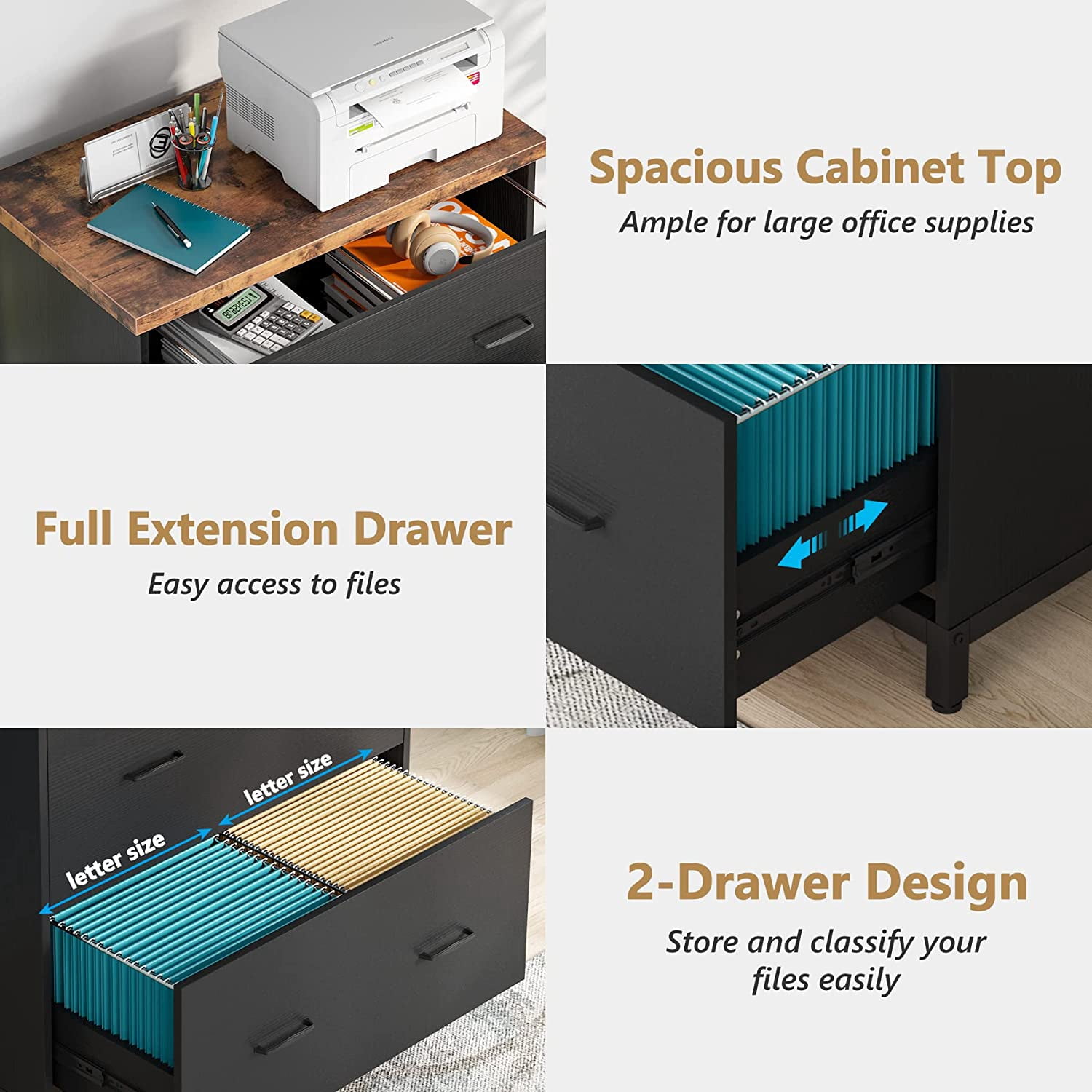 Tribesigns 2-Drawer Lateral File Cabinet 30.7"L x 16.93"W x 30.9"H, Rustic Brown and Black