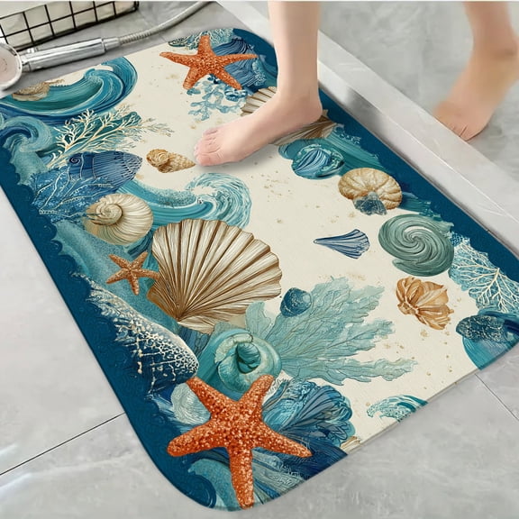 1pc Oceanic Shells Absorbent Non-Slip Bathroom Thickened Flannel Rug Decor,Soft,Quick Drying,Suitable For Indoor/outdoor Use,Bathrooms,Bedrooms,Kitchens,Terrace,Laundry Rooms,16"x24"