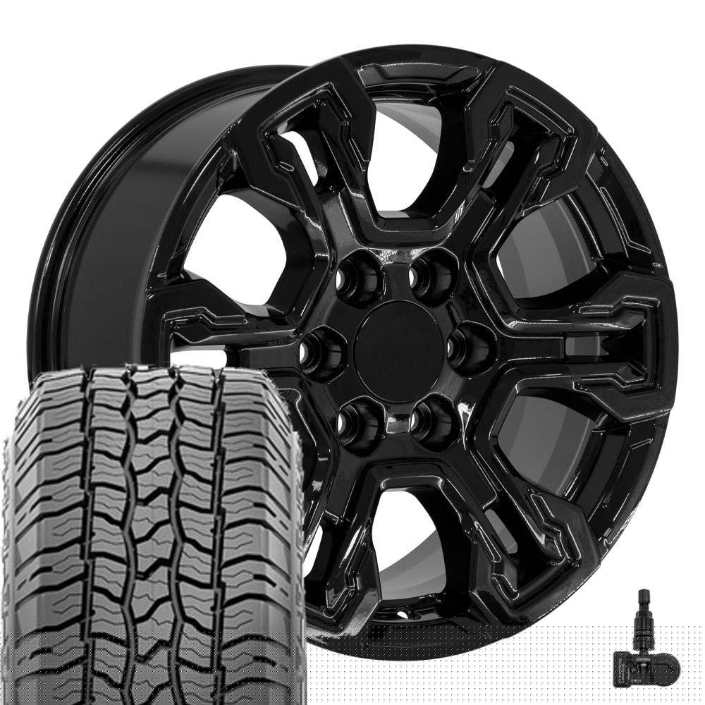 OE Wheels CV65 18 Inch Rims and Tires Fit Silverado 1500 ZR2 Style  18x8.5 Gloss Black - Hollander 14089 - All Country A/T2 275/65-18 (Set of 4)