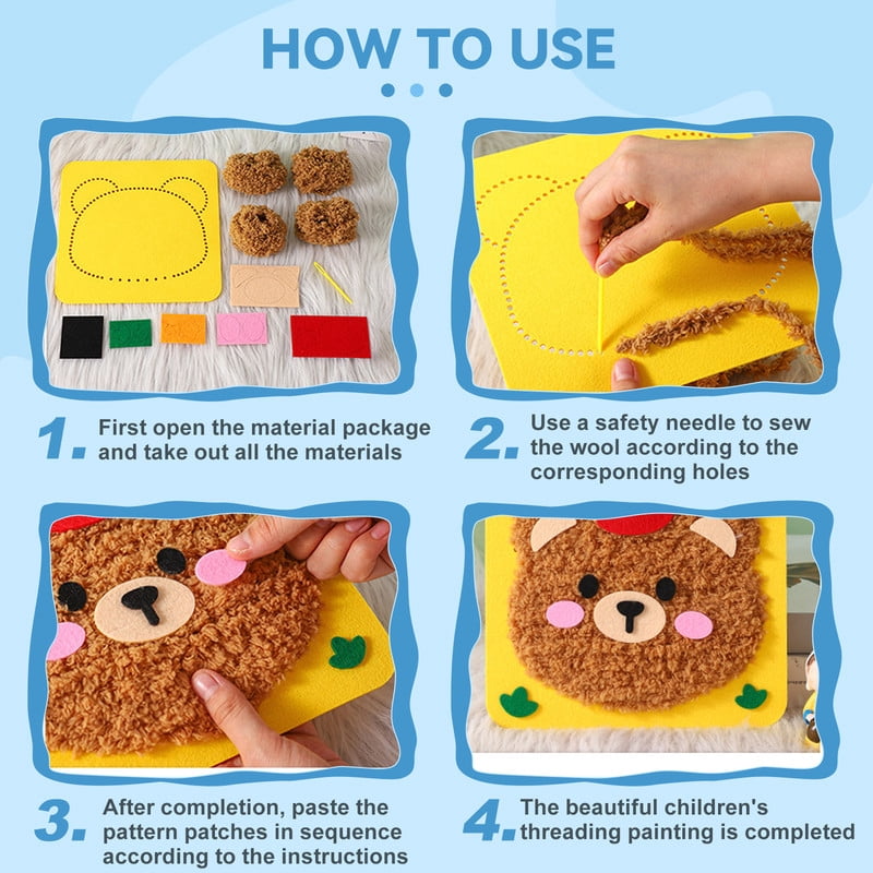 DIY Embroidery Doll Set, 4pcs Cute Cartoon Animal Sewing Craft Kit Sewing Projects Yarn Board (Panda + Cat + Tiger + Monkey)