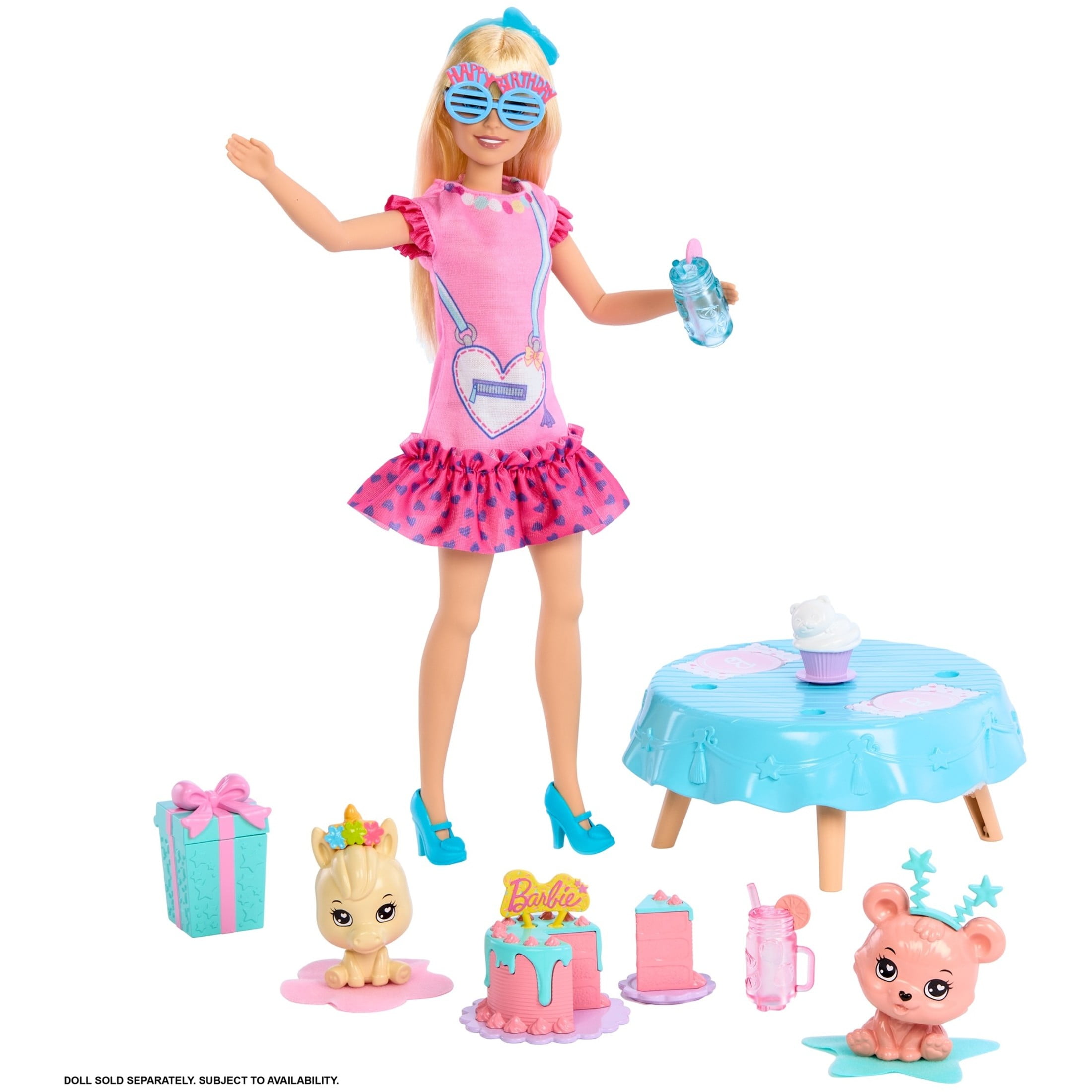 My First Barbie Birthday Accessories for Preschool Dolls, Accessory Pack with Pet Unicorn And Bear
