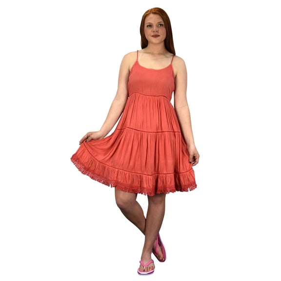 Peach Couture Womens Spaghetti Strap Tiered A Line Dress with Fringed Hem Coral X-Large