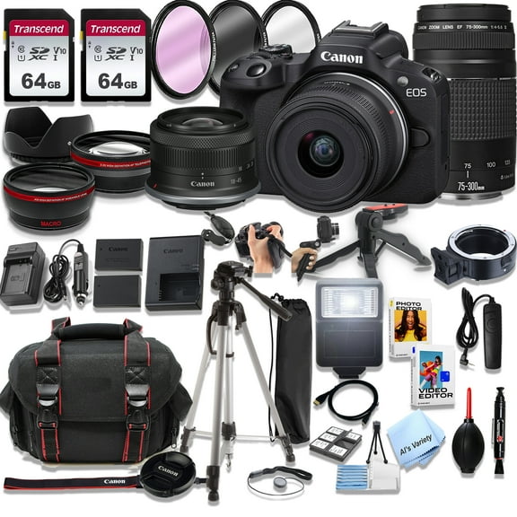 Canon EOS R50 Mirrorless Camera with 18-45mm and 75-300mm Lenses    128GB Memory, Spare Battery, Filters,Case, Tripod, Flash, and More (42pc Bundle)