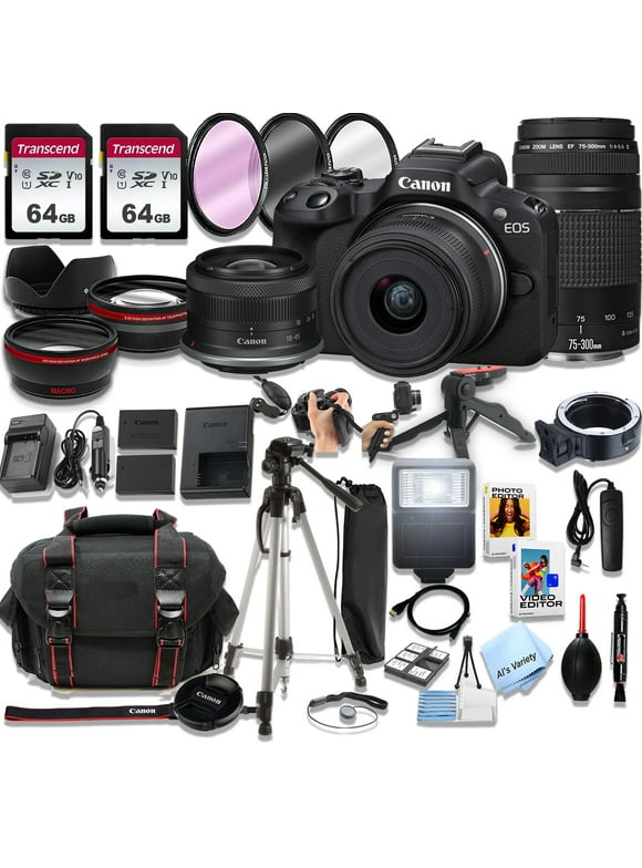 Canon EOS R50 Mirrorless Camera with 18-45mm and 75-300mm Lenses  + 128GB Memory, Spare Battery, Filters,Case, Tripod, Flash, and More (42pc Bundle)