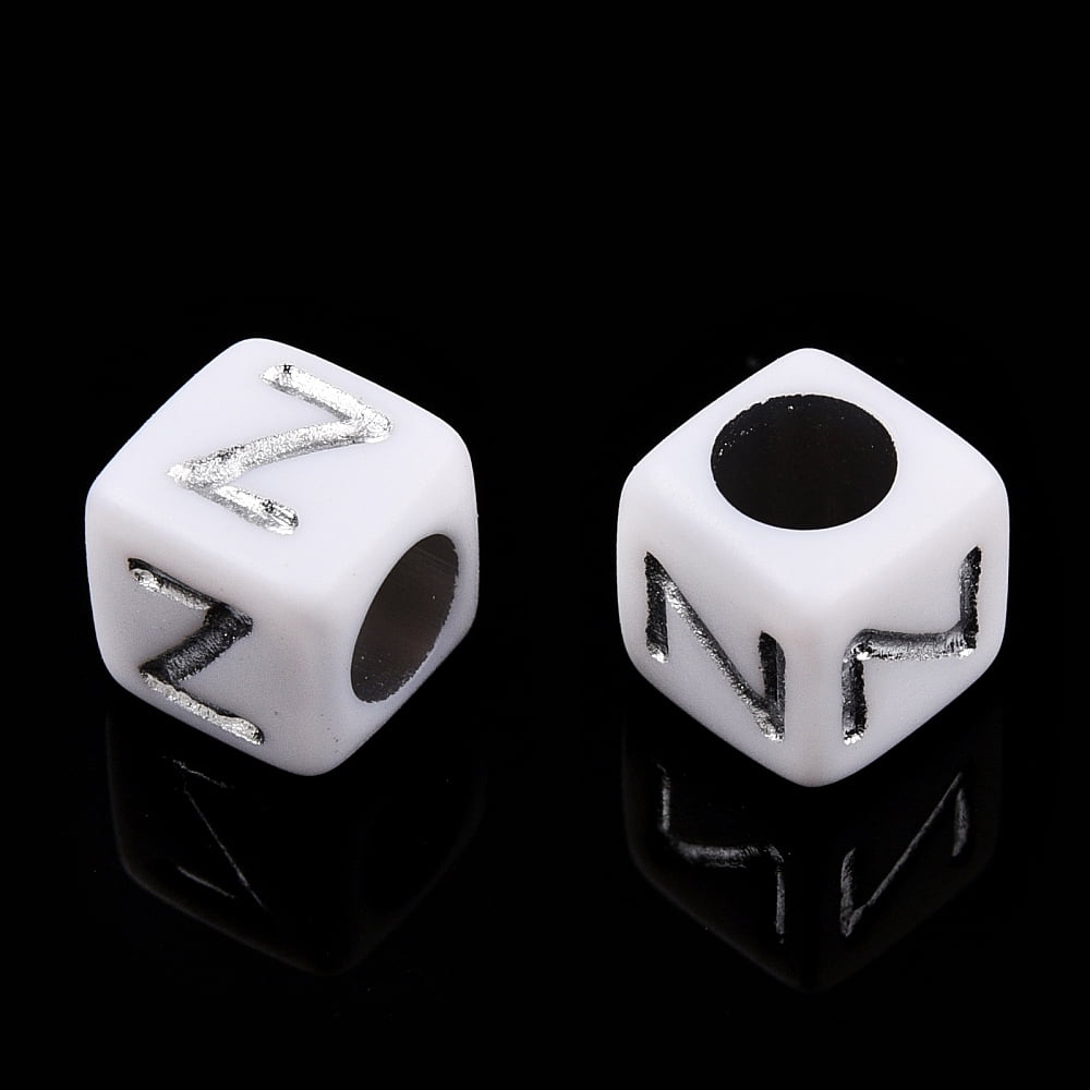 Plating Acrylic Beads Silver Metal Enlaced Mixed Letters Cube Letter A~Z 5.5~6x5.5~6x5.5~6mm Hole: 3.5mm 3000pcs/500g