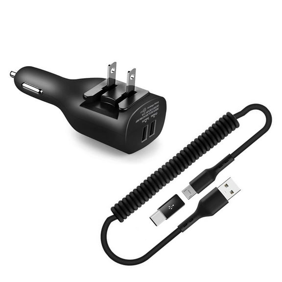 Coiled USB Cable 2-in-1 Car Home Charger for Galaxy S22/Ultra/Plus - Micro-USB to USB-C Adapter Charger Cord Power Wire Black Folding Prongs Compatible With Samsung Galaxy S22/Ultra/Plus