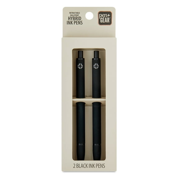 Pen+Gear Retractable Ballpoint Hybrid Ink Pen, Medium Point, 1 mm, Black Ink, 2 Count