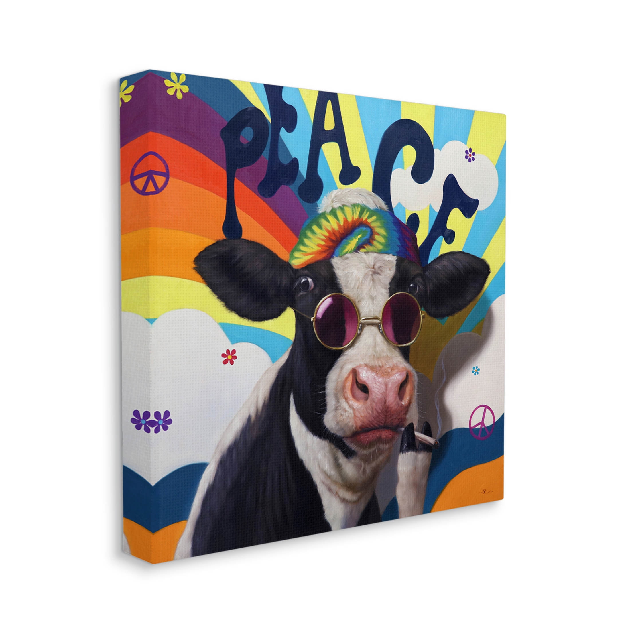Peace 70s Hippie Cow Animals & Insects Painting Gallery Wrapped Canvas Print Wall Art