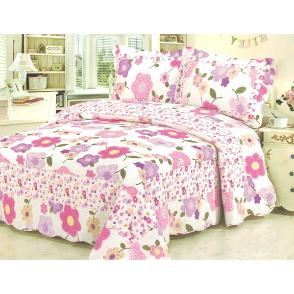 G&J Elf Valley Cotton 3PC Floral Quilt Set Full/Queen Size Pink Color