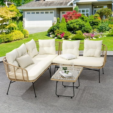 FOLDLIFE 4-Piece Boho Patio Furniture Set, L-Shaped Outdoor Sectional Sofa with Thick Cushions and Tempered Glass Coffee Table for Backyard