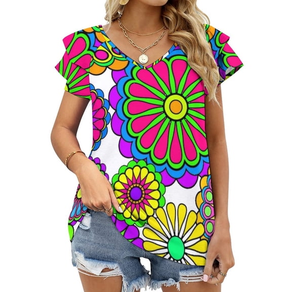 Happy Hippy Flowers Lotus Leaf Neck T-Shirt Long Sleeve Women'S T Shirt Elegant Fashion Tops & Tees Hippie Flower Vector Floral
