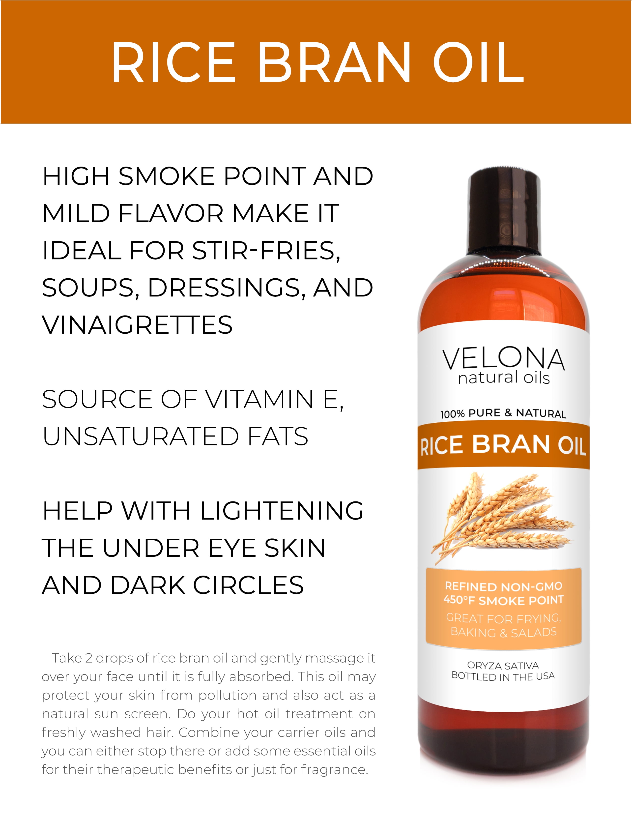 Rice Bran Oil by Velona - 64 oz | 100% Pure and Natural Carrier Oil | Refined, Cold Pressed | Cooking, Face, Hair, Body & Skin Care | Use Today - Enjoy Results