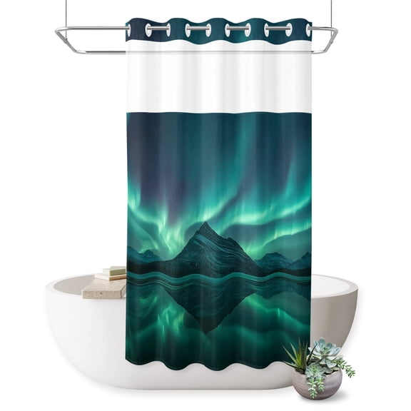 No Hook Shower Curtain, Night Sky Shower Curtains for Bathroom with See Through Top Window, Winter Snowy Green Natural Light Mountain Waterproof & Washable Bath Curtain Small Stall 36"x78"