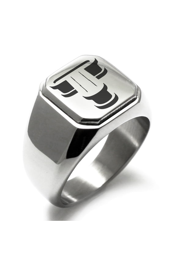 Stainless Steel Letter T Initial 3D Monogram Engraved Engraved Square Flat Top Biker Style Polished Signet Ring