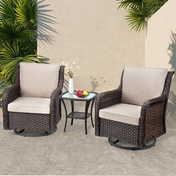 Senfot Outdoor Porch Chairs with Table - 3-Piece Wicker Glider Rocking Set, 360° Swivel Furniture with Thick Cushions for Porch Beige
