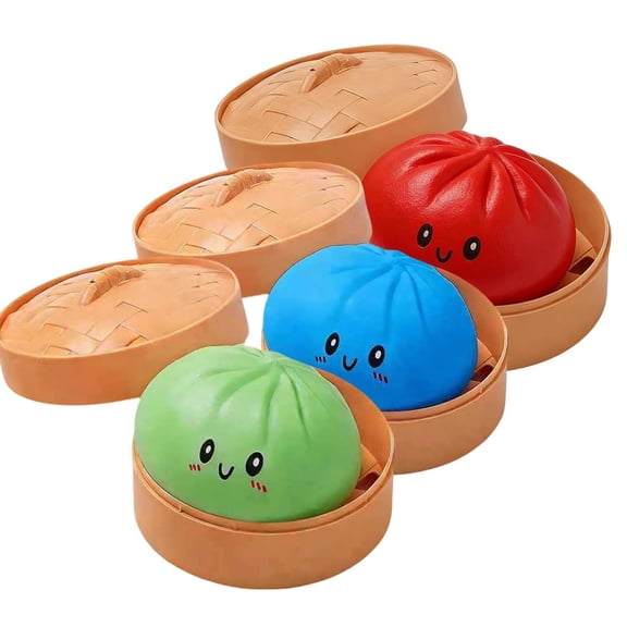 3Pcs Glitter Colorful Dumpling Squishy, Cute Squishy Dumpling Large with Steamer, Squishy Dumpling Doll with Cute Expressions, Silicone Bun Sensory Fidget Dolls, Hand Pinching Decompression Dolls