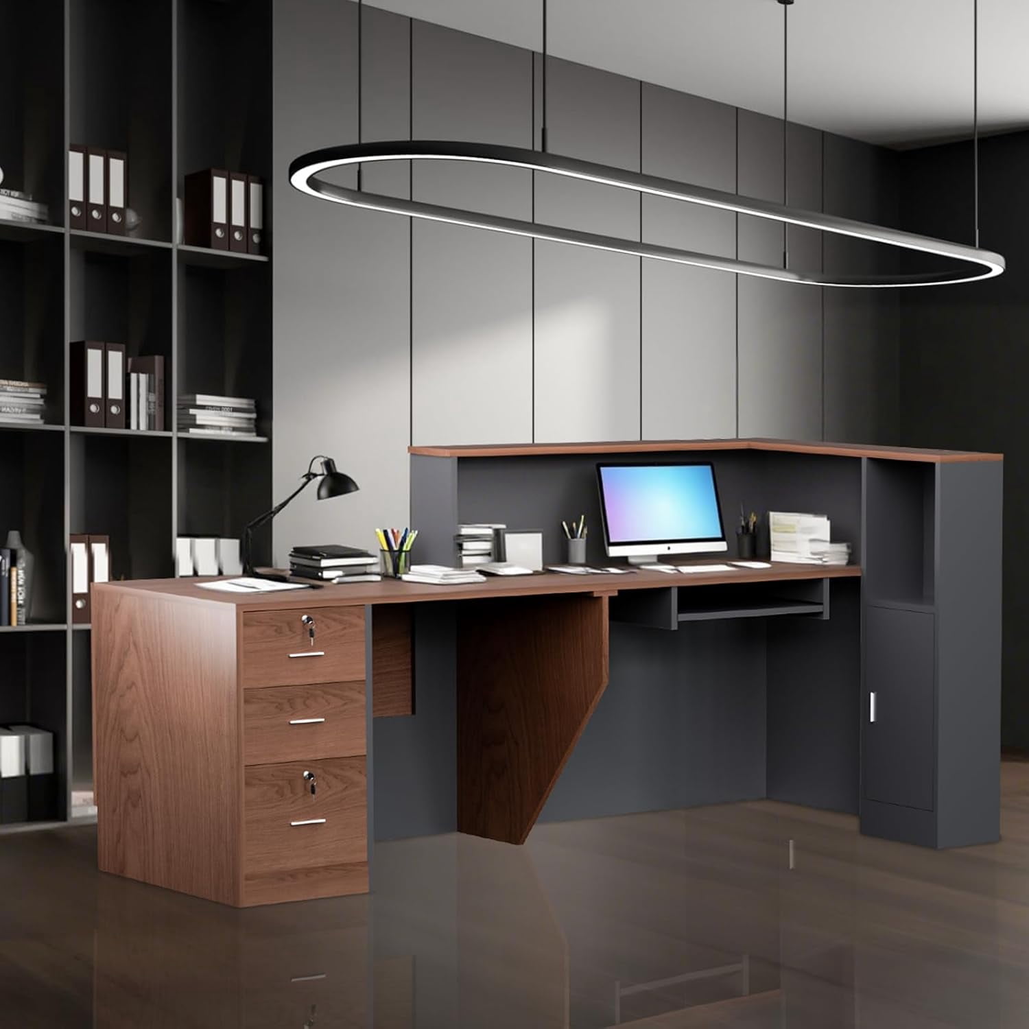 Esheno Commercial L Shaped Reception Desk 87 inch Wooden Front Counter with Lockable Drawers Cabinet Walnut Right Cabinet for Lobby Office Checkout