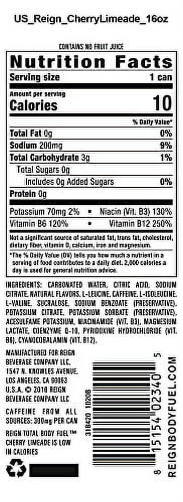 Reign Total Body Fuel, .. Cherry Limeade, Fitness & .. Performance Drink, 16 Fl .. Oz (Pack of 12)