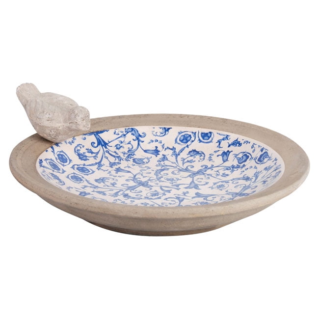 Esschert Design USA Ceramic Birdbath, 12.6 inches, Blue/White