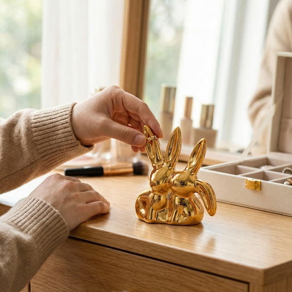 Ceramic Cute Rabbit Ring Holder, Jewelry Tray For Earrings Necklaces Storage, Decorative Ornament For Vanity Desk Bedroom Dressing Table