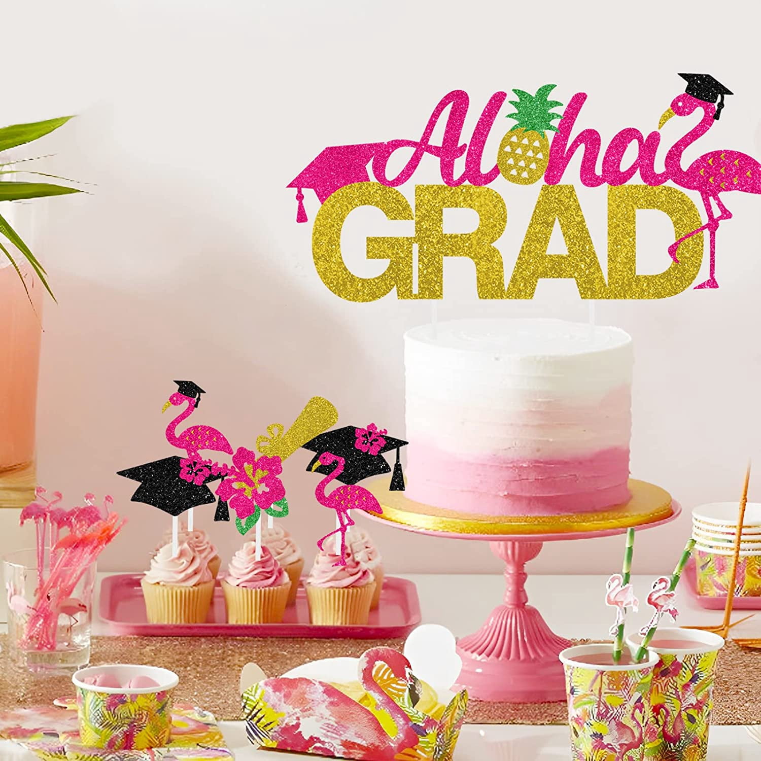 25Pcs Glitter Graduation Cake&Cupcake Toppers, Aloha Grad Cake Decoration Diploma Graduation Cap Design Tropical Themed Graduation Party Supplies College High School Class of 2023