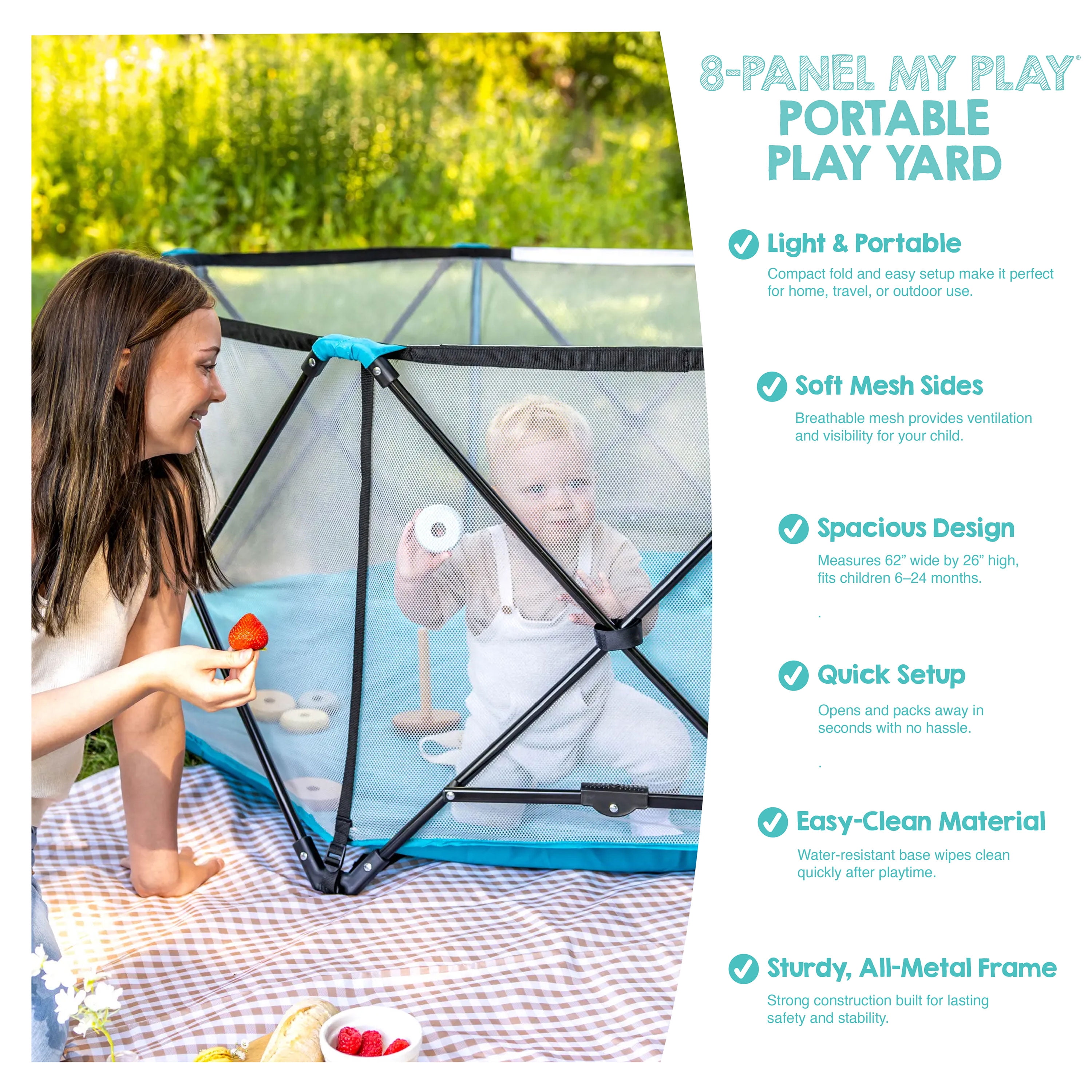 Regalo My Play Portable Play Yard, Teal, 8-Panel, Indoor and Outdoor, Unisex